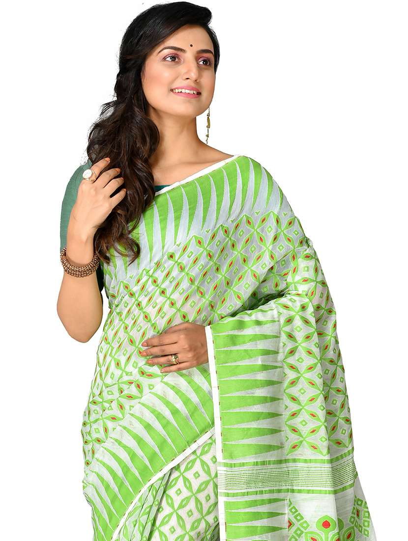 green self design jamdani saree with blouse - 20614161 -  Standard Image - 2