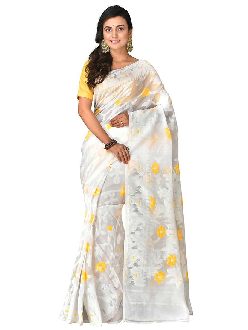 women's self design white colored saree with blouse
