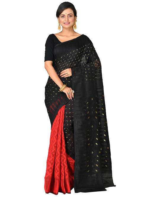 women red & black self design jamdani saree with blouse - 20614170 - Standard Image - 0