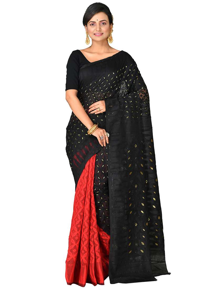 women red & black self design jamdani saree with blouse - 20614170 - Zoom Image - 0