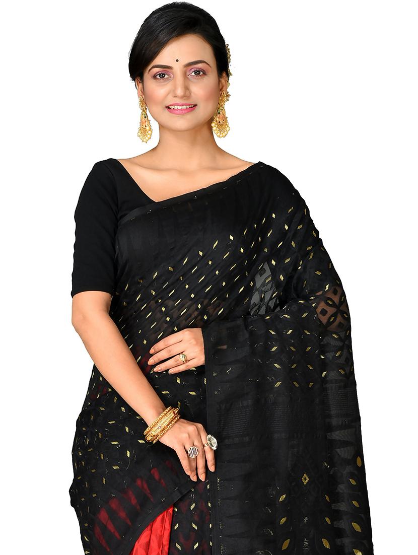 women red & black self design jamdani saree with blouse - 20614170 - Standard Image - 2