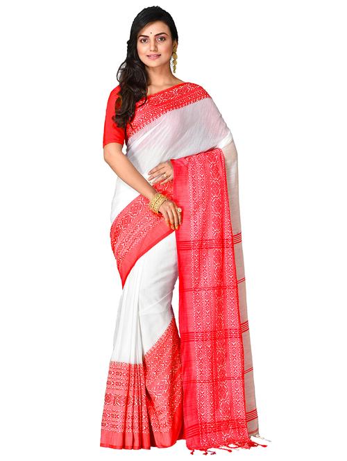 white self design handloom saree with blouse - 20614180 -  Standard Image - 0