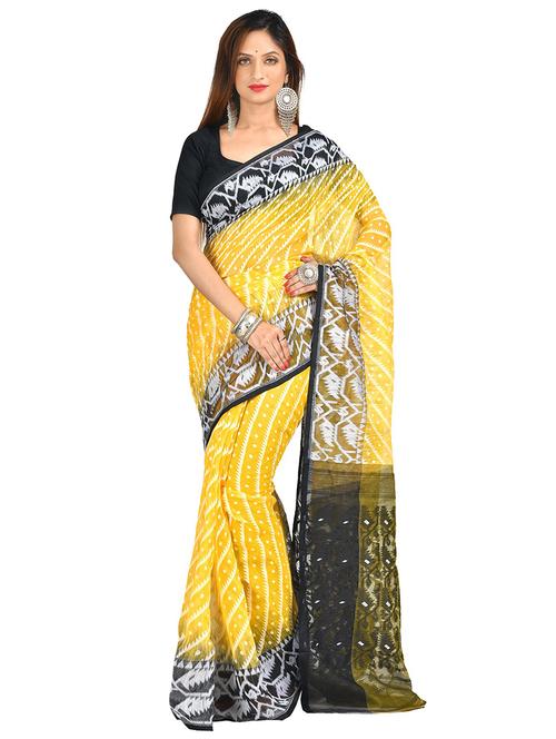yellow self design jamdani saree with blouse - 20614182 - Standard Image - 0