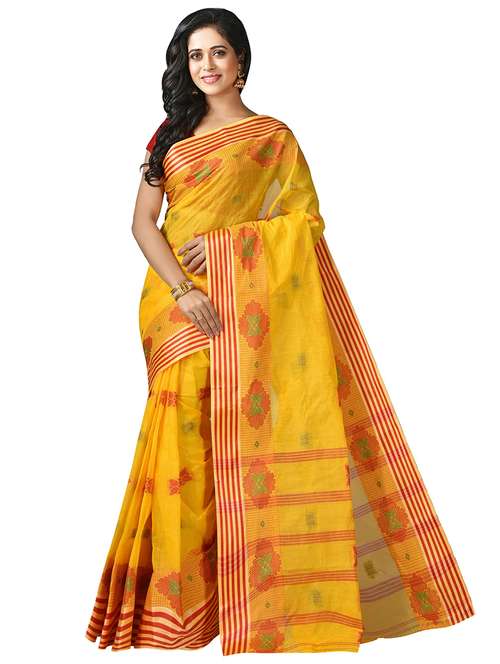 women's printed yellow colored saree with blouse
