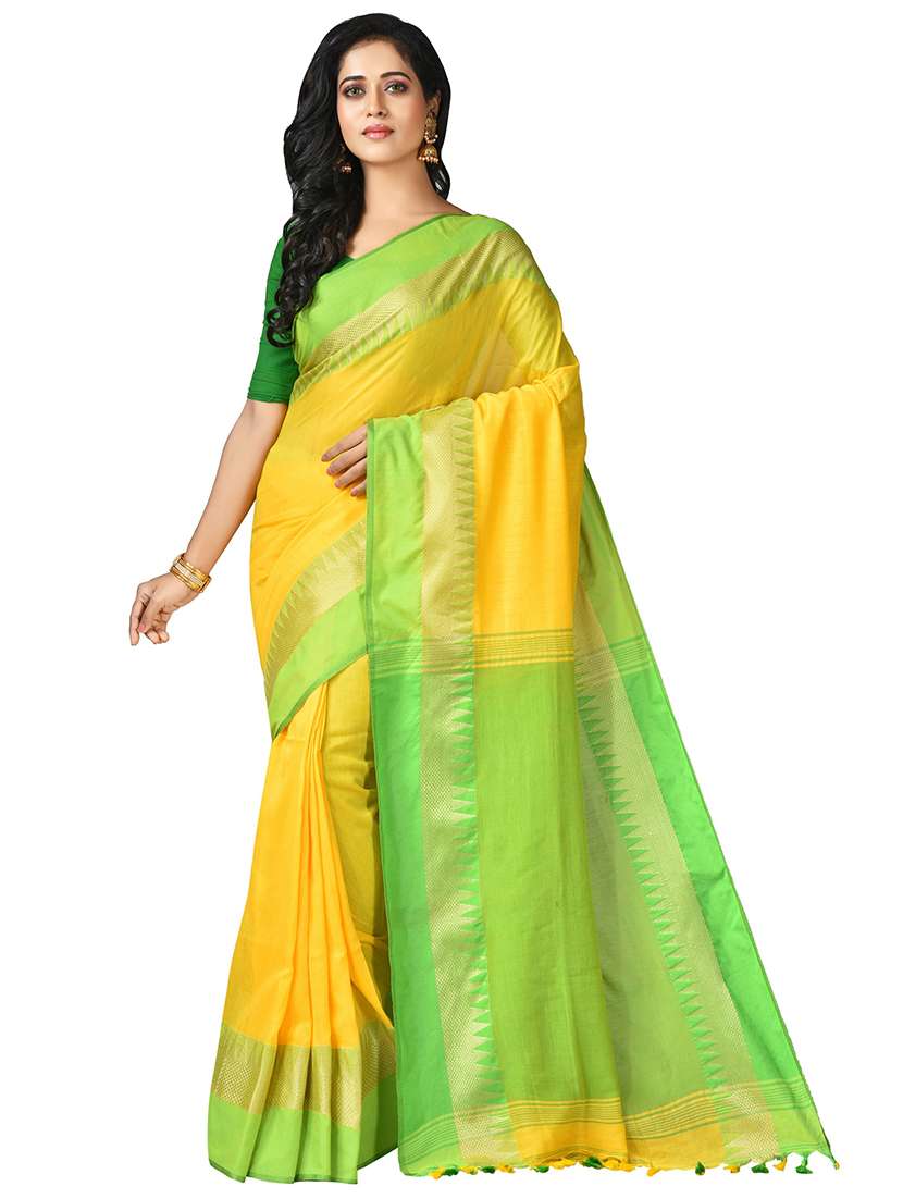 women yellow solid bordered saree with blouse