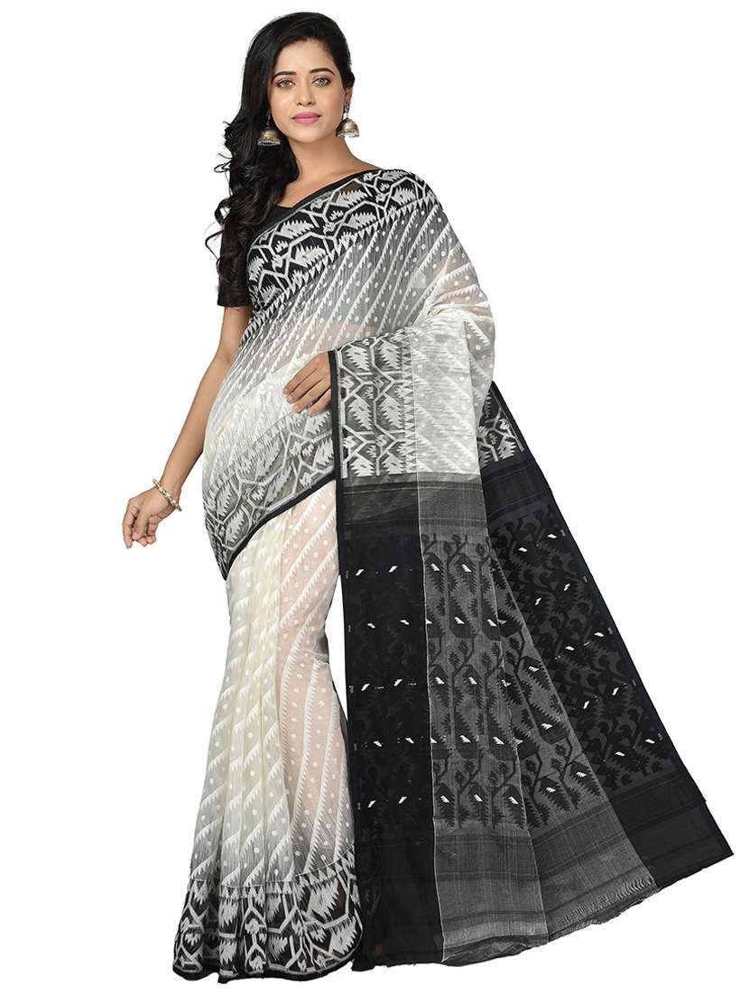 women white & black self design jamdani saree with blouse