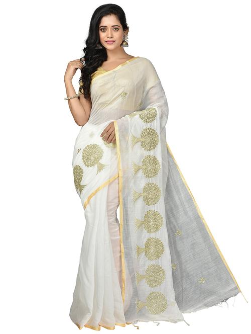 women white zari work embroidered saree with blouse - 20614220 -  Standard Image - 0