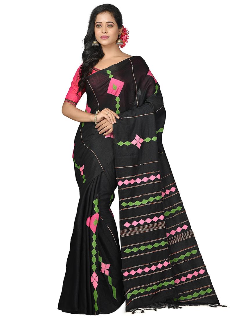 women black applique work handloom saree with blouse - 20614221 -  Zoom Image - 0