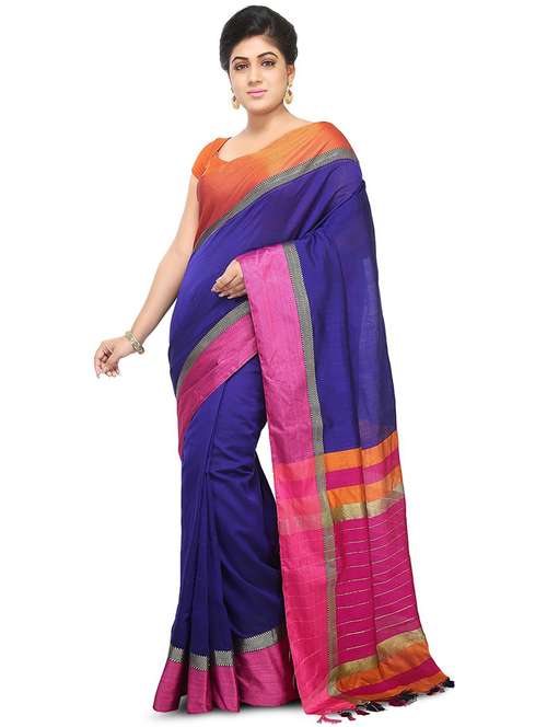 women blue & pink solid maheshwari saree with blouse - 20614261 - Standard Image - 0
