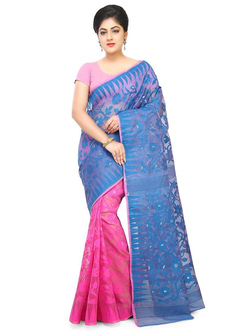 women pink & blue self design jamdani saree with blouse - 20614267 -  Standard Image - 0