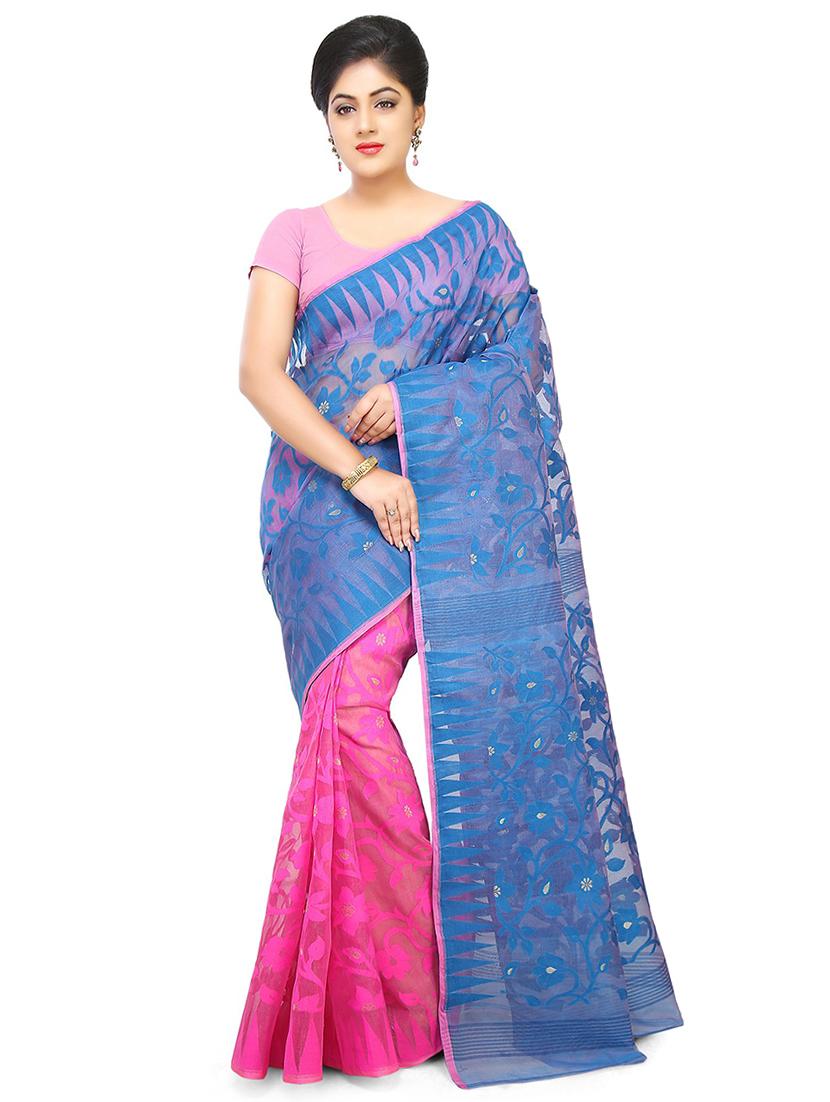 women pink & blue self design jamdani saree with blouse - 20614267 -  Zoom Image - 0