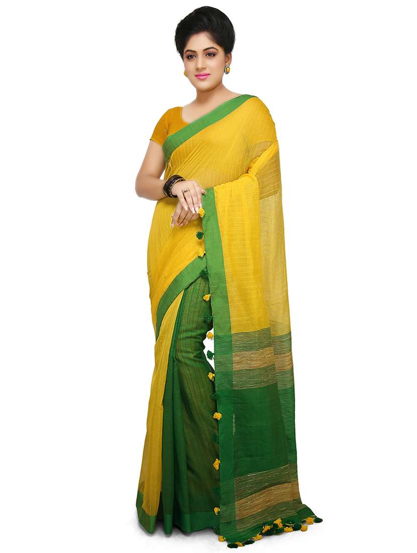 women yellow & green solid half and half saree with blouse