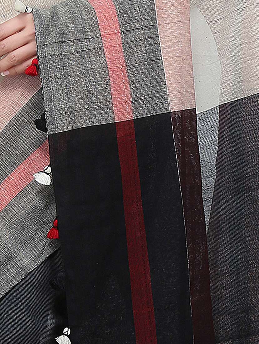 women beige & black solid handloom saree with blouse - 20614278 - Standard Image - 2