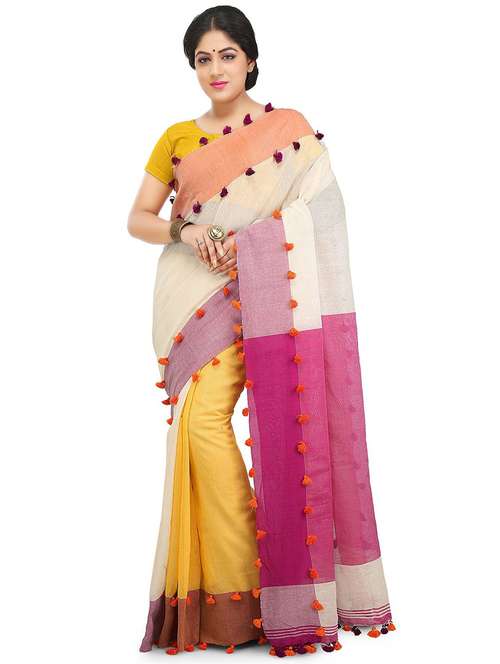 women color block handloom saree with blouse - 20614286 -  Standard Image - 0