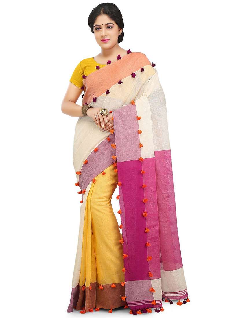 women color block handloom saree with blouse