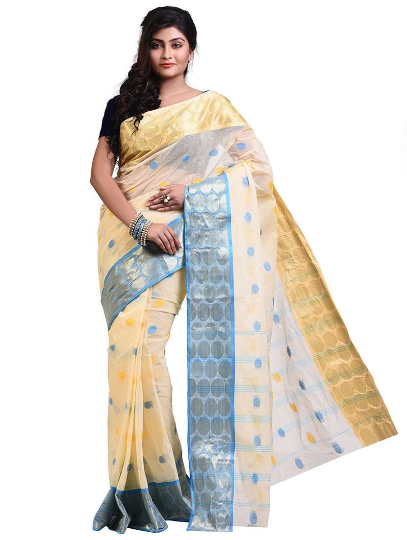 women beige self design tant saree with blouse - 20614292 - Zoom Image - 0