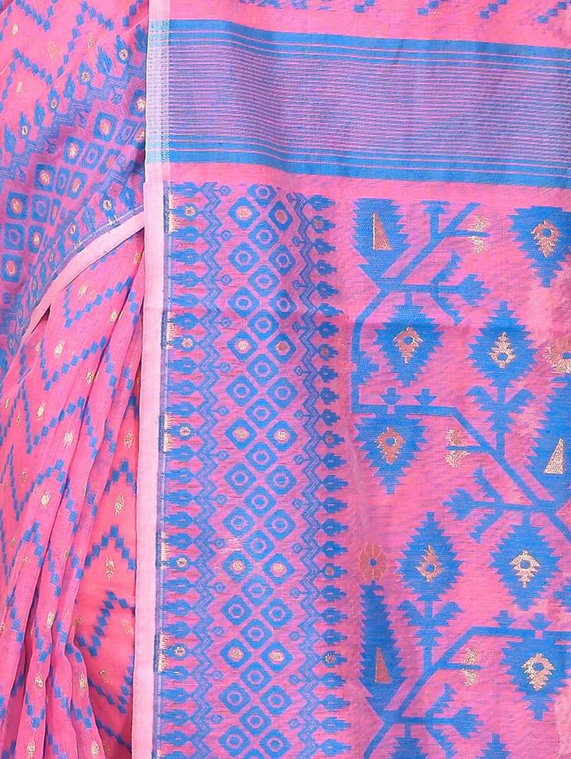 women pink & blue self design jamdani saree with blouse - 20614308 -  Standard Image - 2