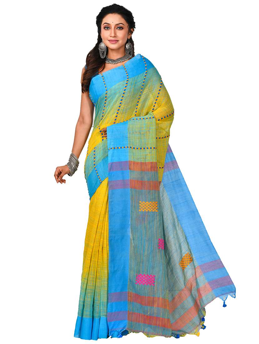 multi colored self design handloom saree with blouse