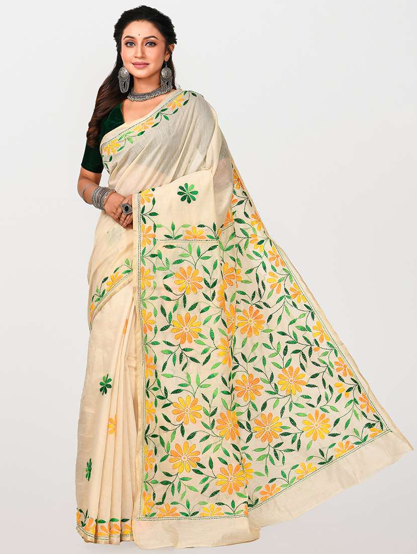 women beige embroidered saree with blouse