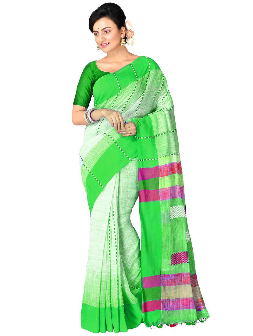 women green embroidered handloom saree with blouse