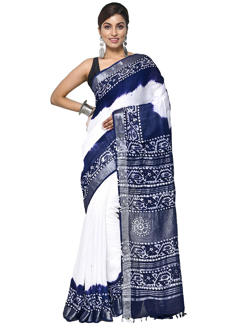 white & navy blue printed handloom saree with blouse - 20614325 -  Zoom Image - 0