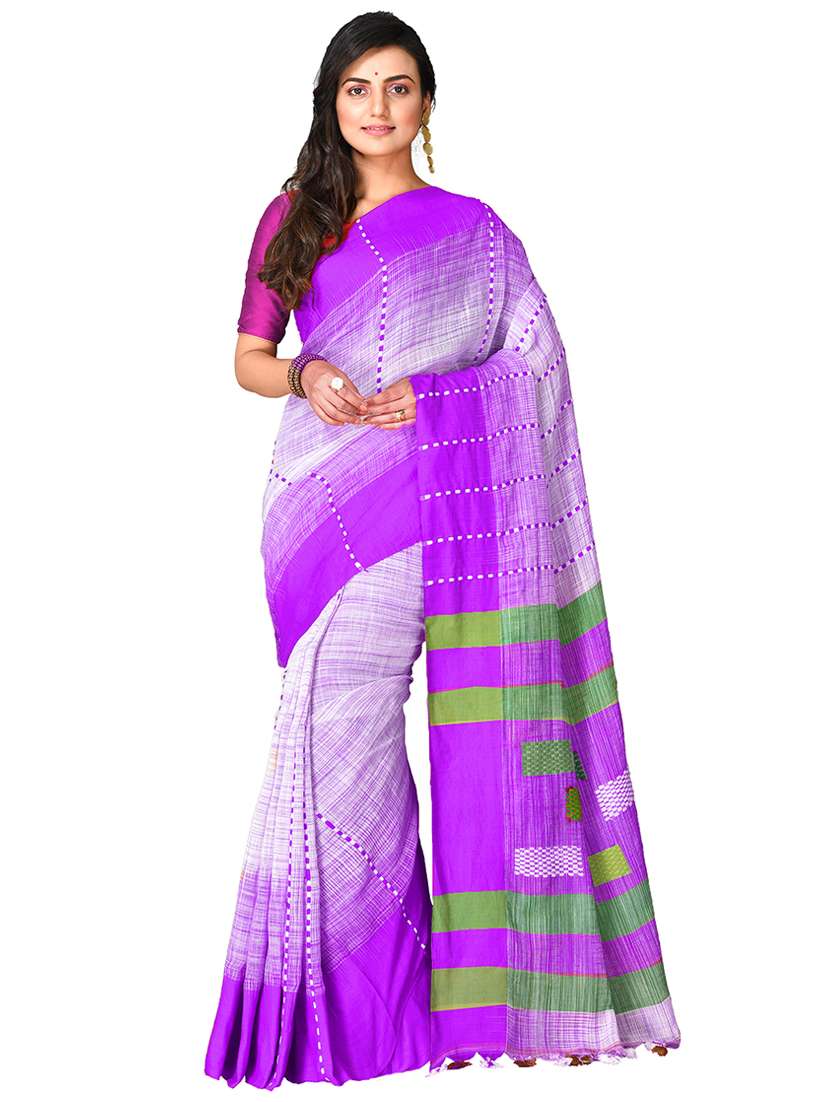 women purple & white embroidered saree with blouse