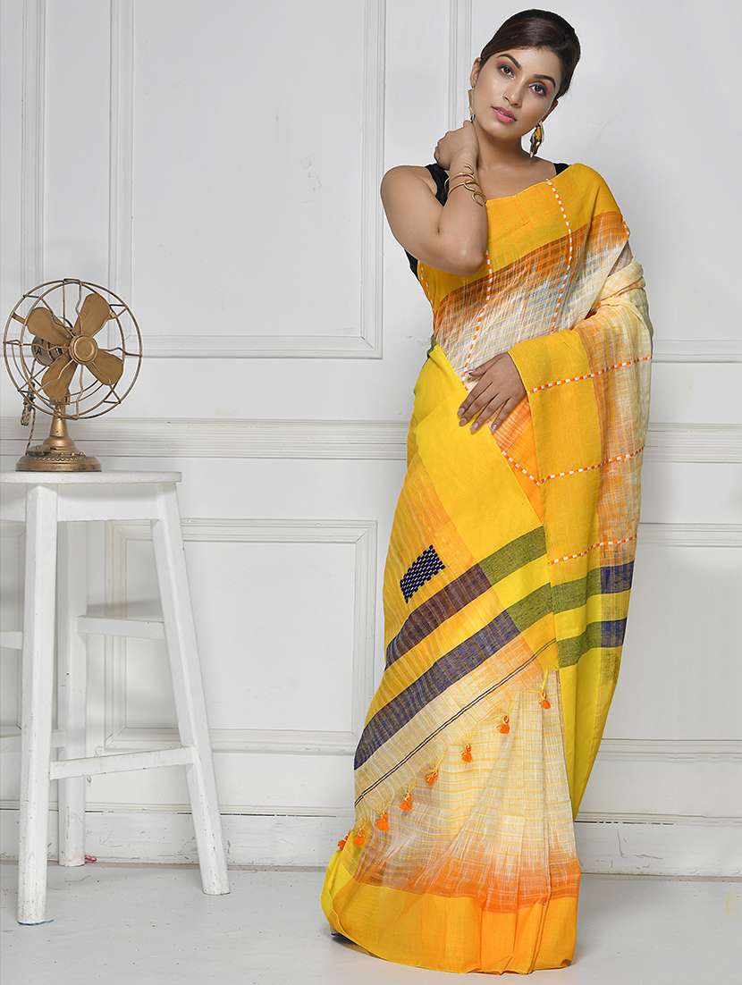 multi colored self design handloom saree with blouse