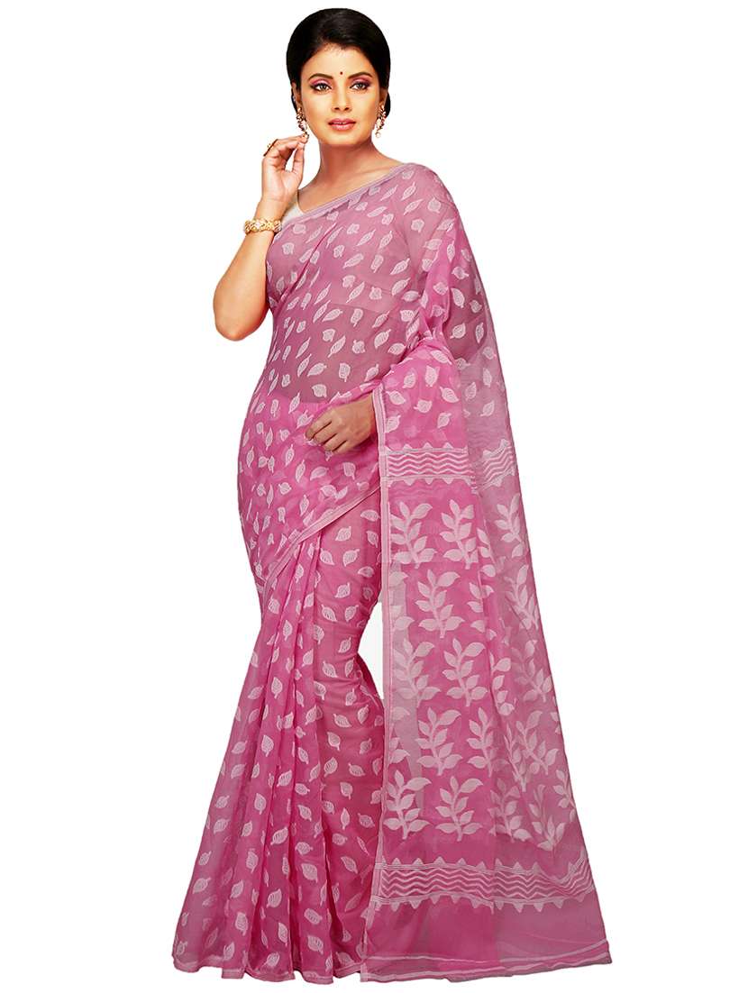 pink self design jamdani saree with blouse