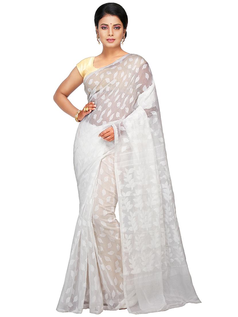 women white self design jamdani saree with blouse - 20614345 - Zoom Image - 0
