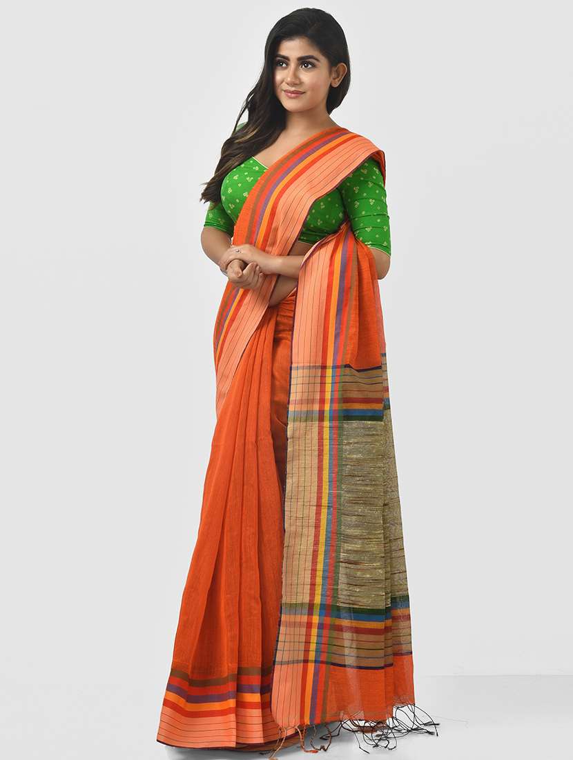 orange self design handloom saree with blouse - 20614384 -  Zoom Image - 0