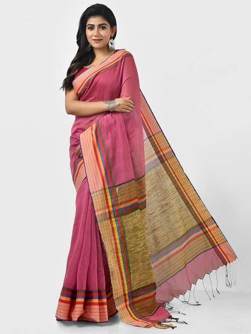 women pink solid handloom saree with blouse - 20614385 - Standard Image - 0