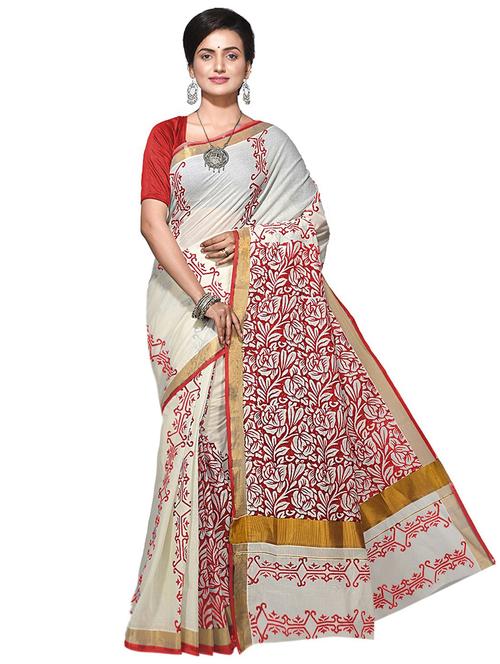 women white printed saree with blouse - 20614388 -  Standard Image - 0