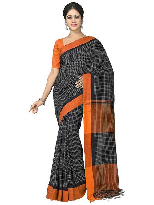 women black checks handloom saree with blouse - 20614430 - Standard Image - 0