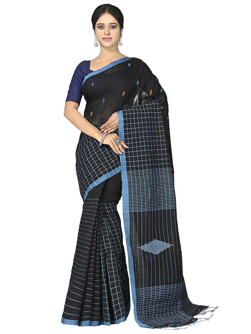 women black checks handloom saree with blouse