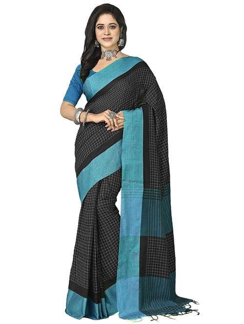 women black checks handloom saree with blouse - 20614432 - Standard Image - 0