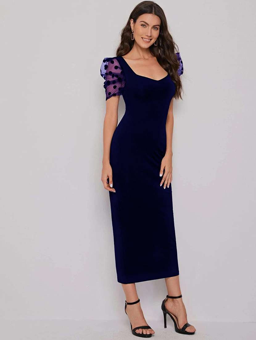 women blue detailed sleeves bodycon dress - 20614553 -  Standard Image - 2