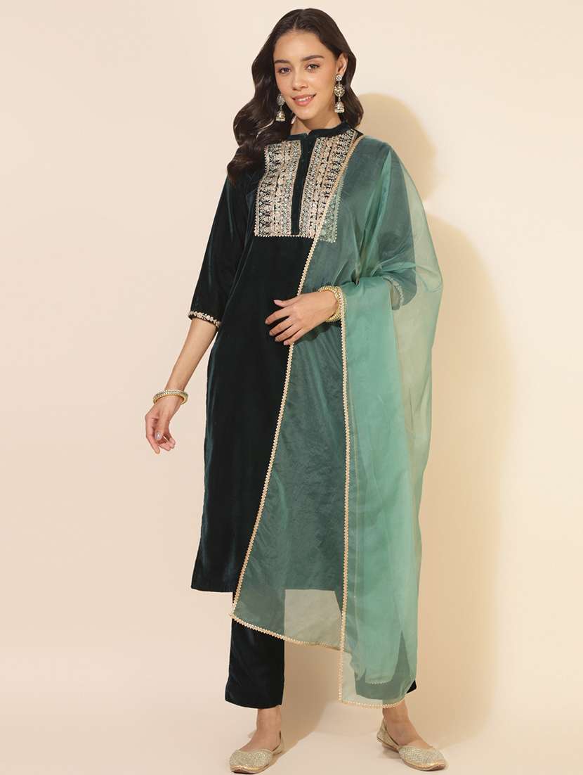 women bottle green mandarin neck kurta pant set with dupatta