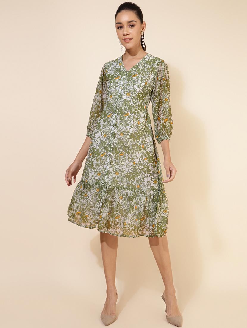 women green printed button detailed dress - 20614942 -  Zoom Image - 0