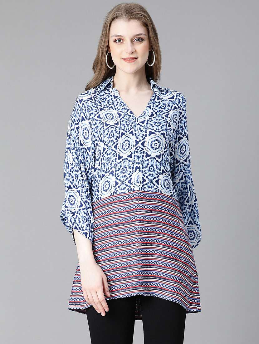 women printed collared high-low tunic