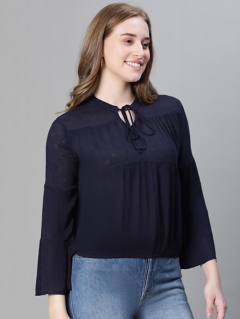 women solid tie up neck a-line top - 20615191 - Standard Image - 2