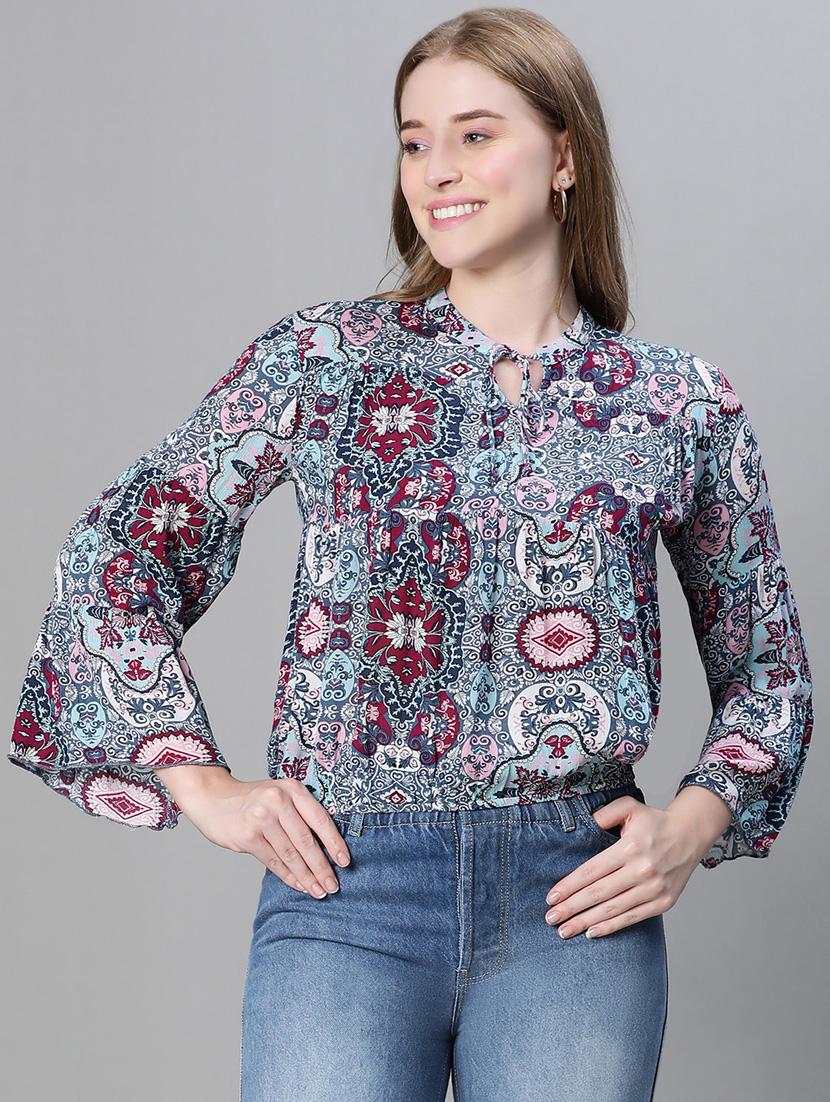 women printed tie up neck blouson top - 20615192 - Zoom Image - 0