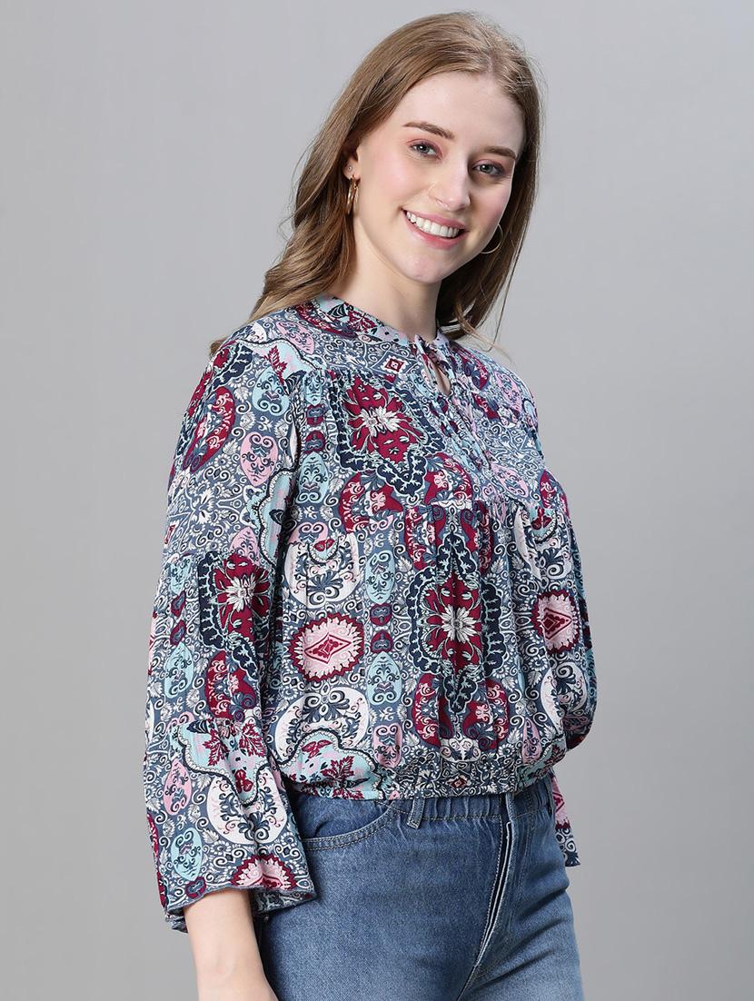 women printed tie up neck blouson top - 20615192 - Standard Image - 2