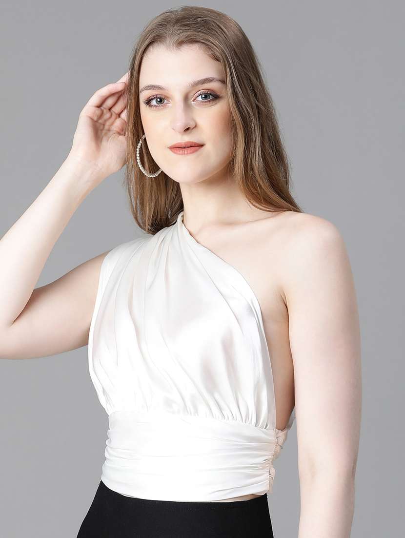 women solid single shoulder crop top - 20615199 -  Standard Image - 2