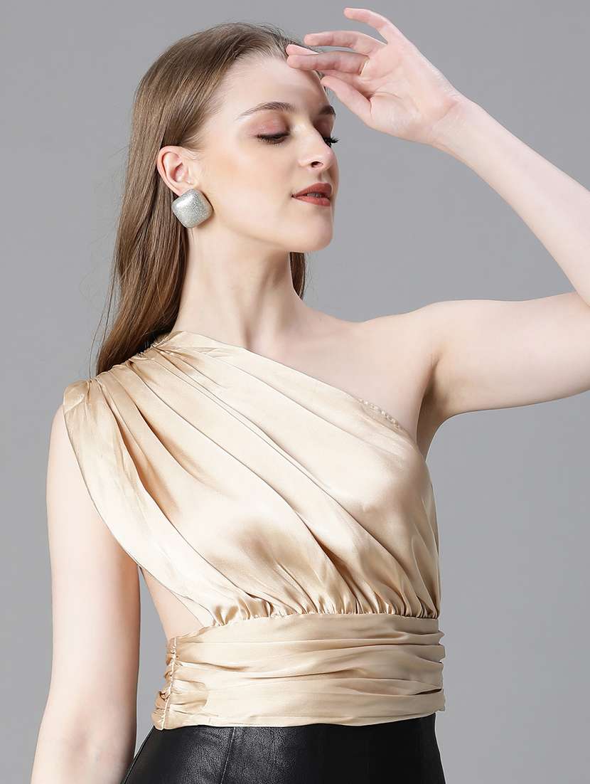 women solid single shoulder crop top - 20615200 -  Standard Image - 2