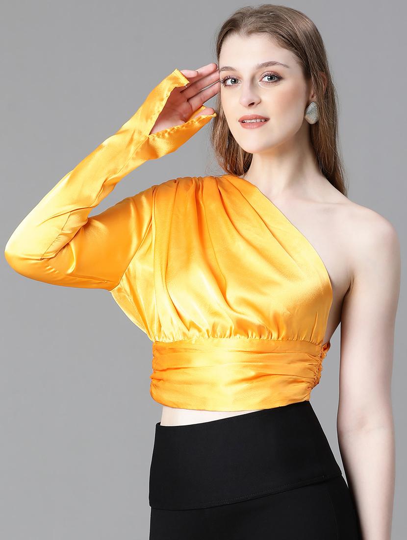 women solid single shoulder crop top - 20615201 - Standard Image - 2