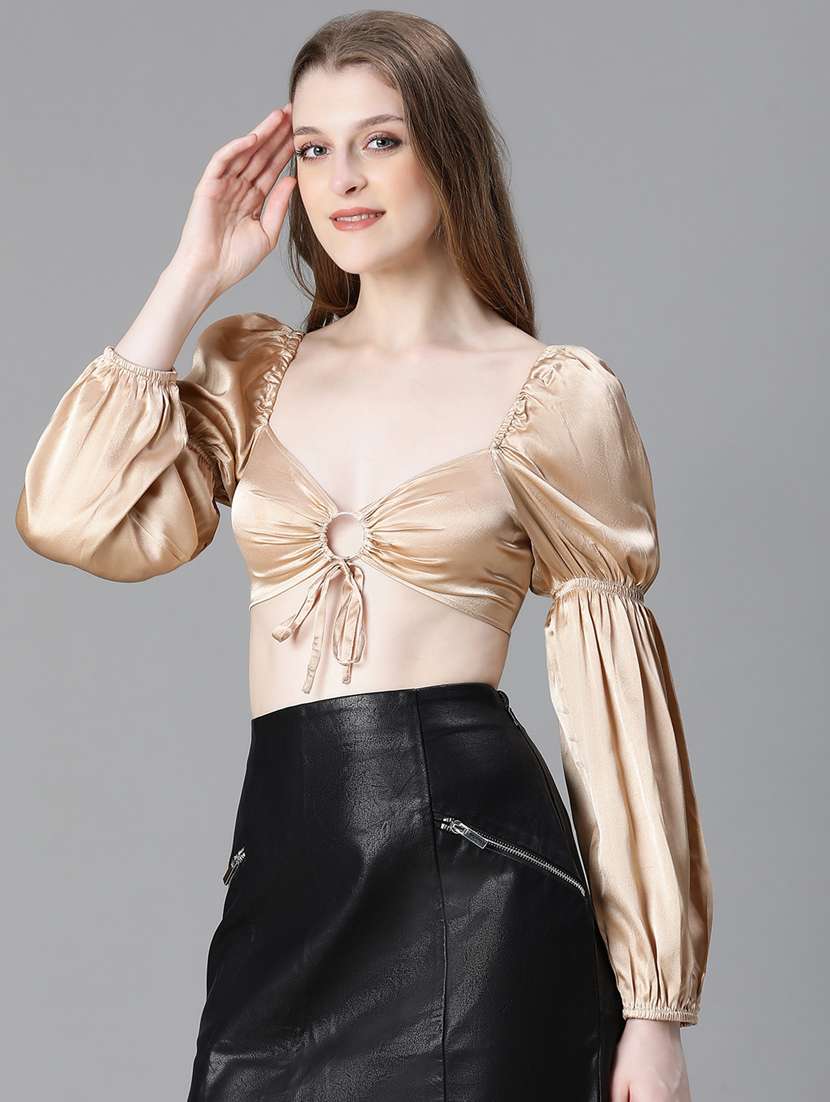 women solid smocked crop top - 20615209 -  Standard Image - 2