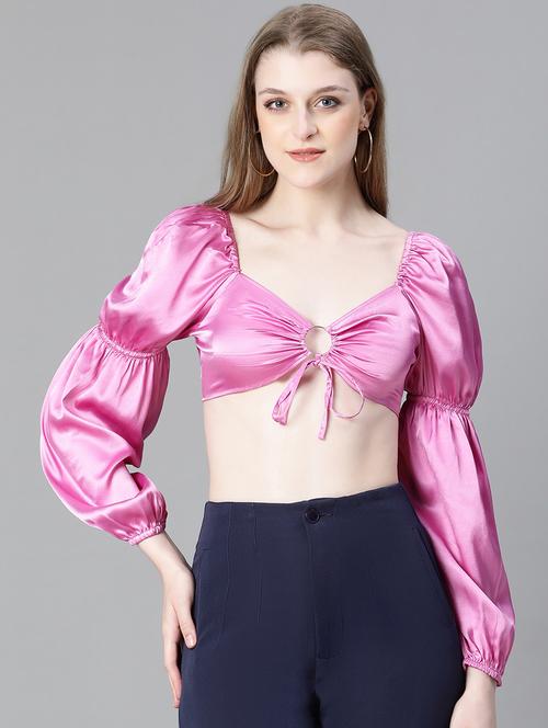 women solid smocked crop top - 20615210 - Standard Image - 0