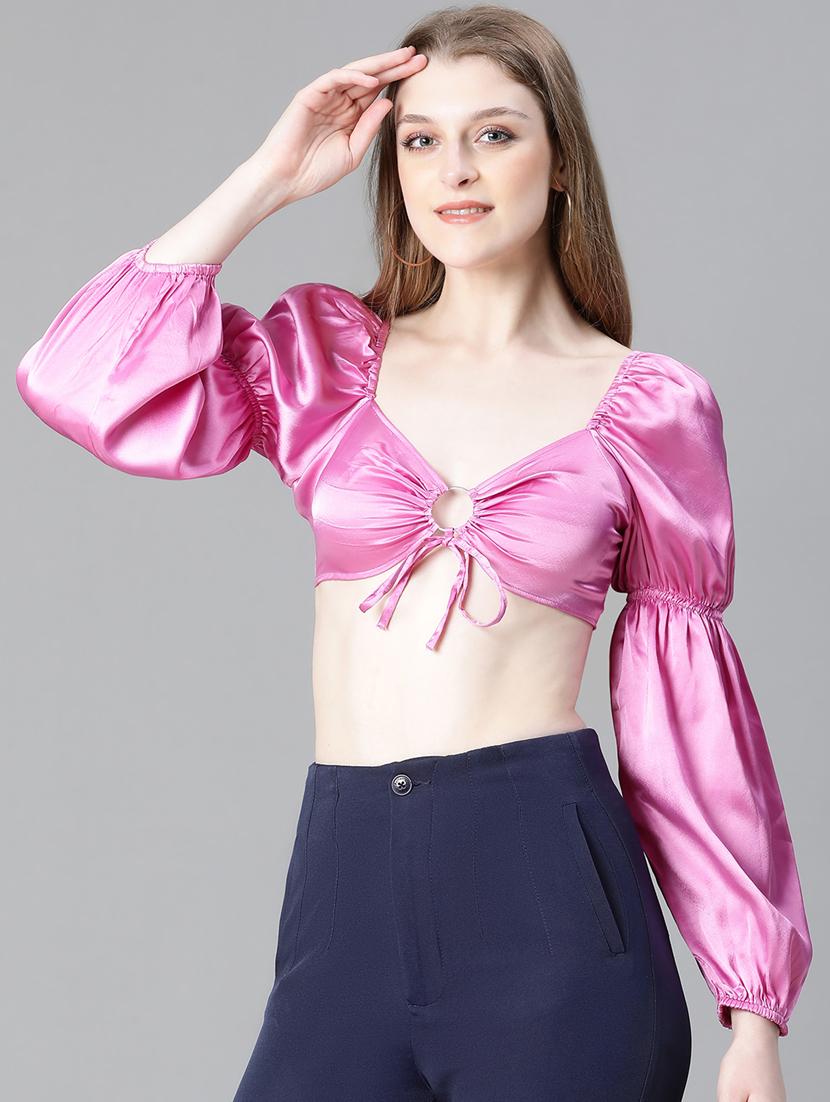 women solid smocked crop top - 20615210 - Standard Image - 2