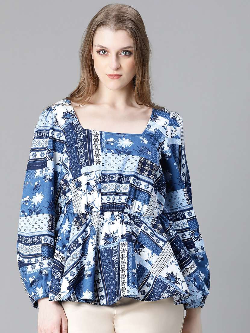 women printed puff sleeves peplum top