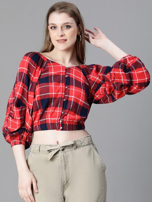 women red checkered blouson top - 20615219 - Standard Image - 0